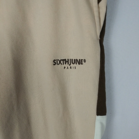 Sixth June Paris Sweatpants Womens L Cream Brown Pockets Drawstrings Embroidered - Picture 2 of 5